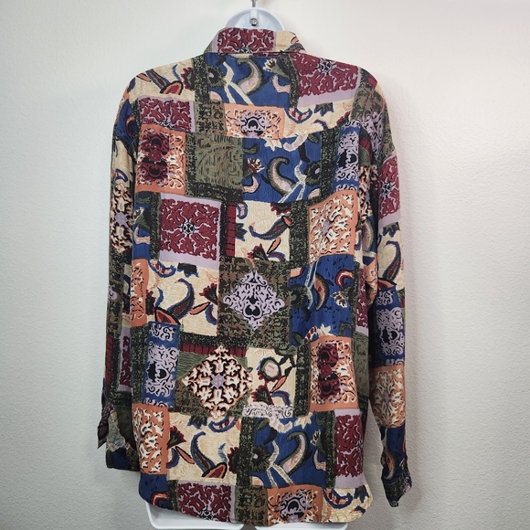 Jonathan Martin Vintage 90s Abstract Floral Patchwork Silk Button Down Shirt - Picture 5 of 7